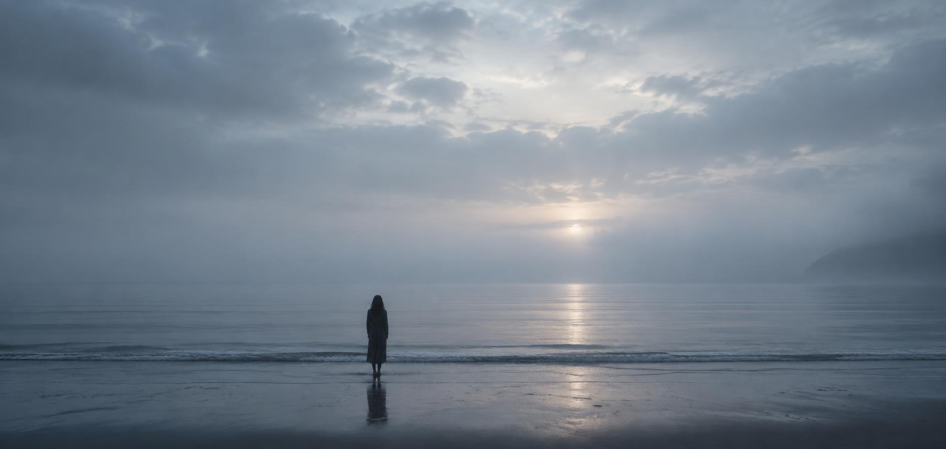 A woman standing at the shoreline of a calm, misty sea at dawn